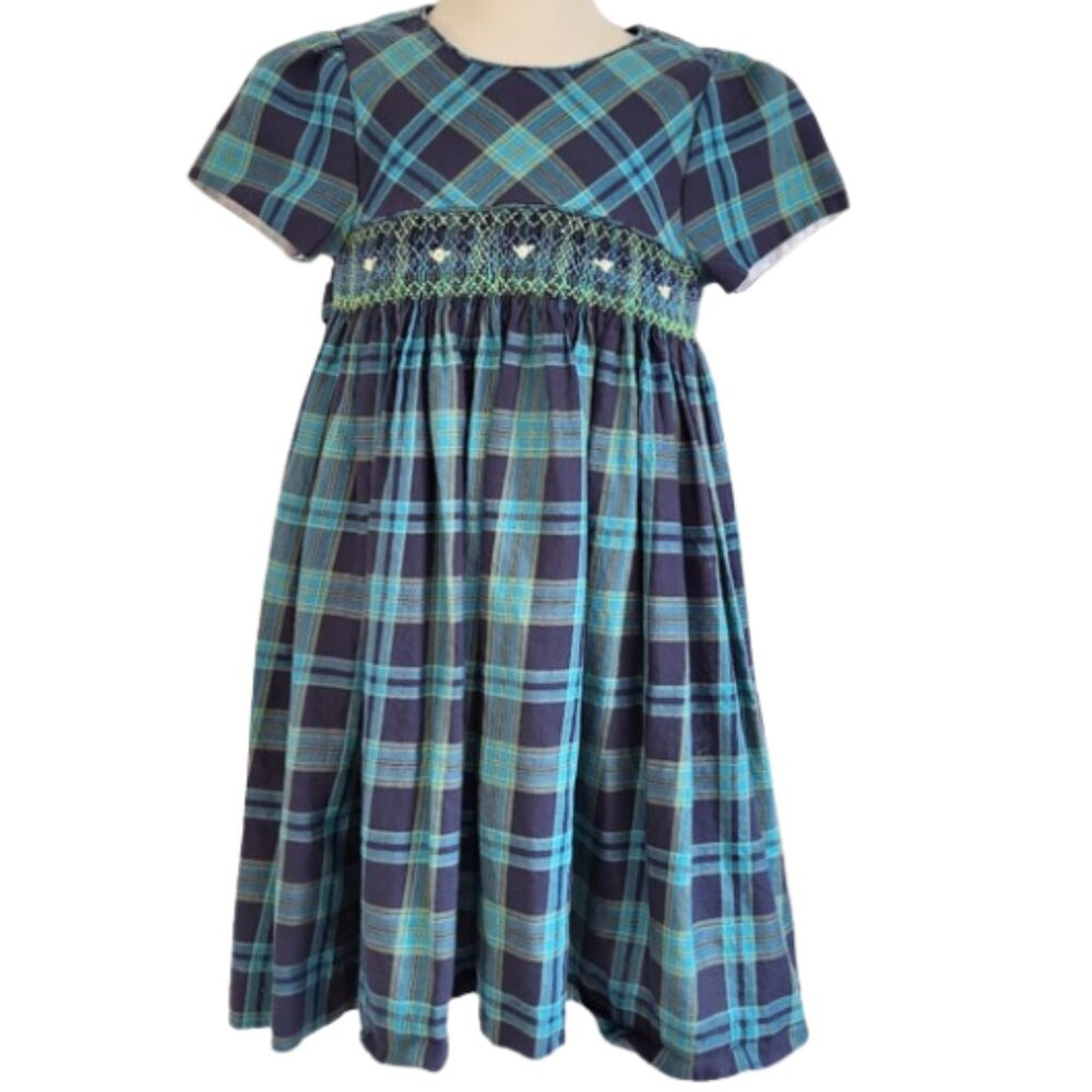 EDGEHILL COLLECTION Blue & Green Plaid Tie-Back Smocked Dress Toddler Girl's 4T
